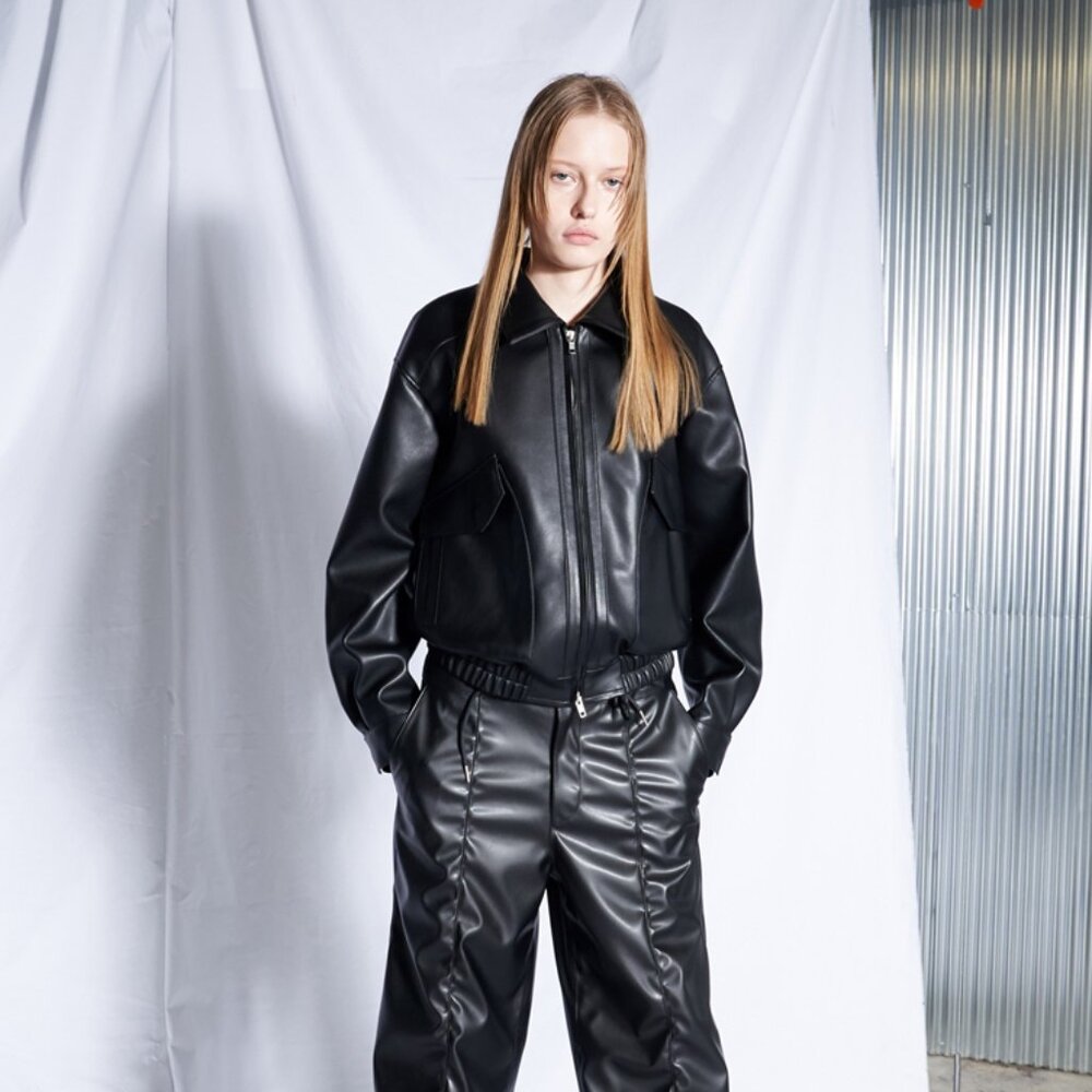 Sperone Faux Leather Volume Blouson Bomber Jacket in Black